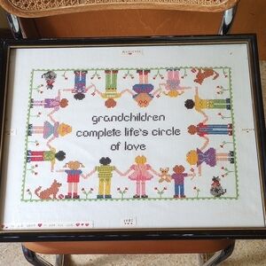 Handmade Cross Stitch Sampler, Framed, Grandparents Grandma Grandchildren